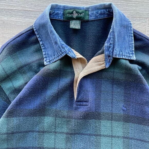 Vintage 90's Men's Medium Green and Navy Polo Shirt Denim Collar Rugby Bro Lad - Picture 5 of 8